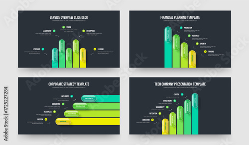 Creative Forecast 5 4 Option Diagram Presentation Layout Set. Enterprise Profile Five Four Element Infographic Slide Design Vector Illustration Bundle.