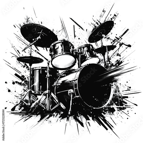  A bold, high-energy black and white illustration of a drum kit mid-performance, conveying rhythm, power, and percussion drama perfect for music and entertainment projects.