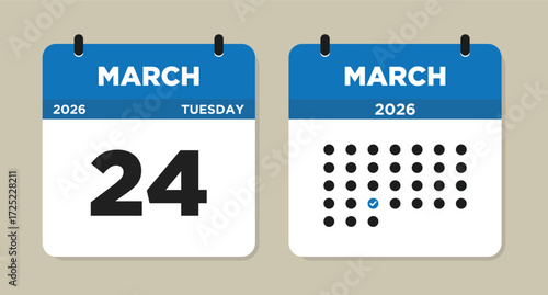March 24 2026 Tuesday Calendar Vector Illustration. 24 March calendar page. Day calendar with date March 24. Week Starts on Sunday. Checklist day calendar. Modern Calendar template icon