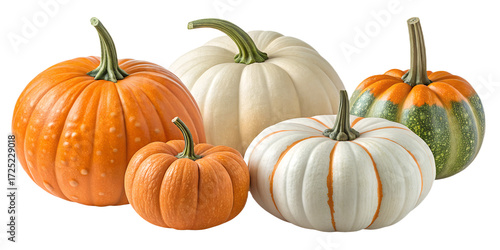 Realistic Decorative Pumpkins PNG Set – Isolated Autumn Halloween Harvest Elements on Transparent Background