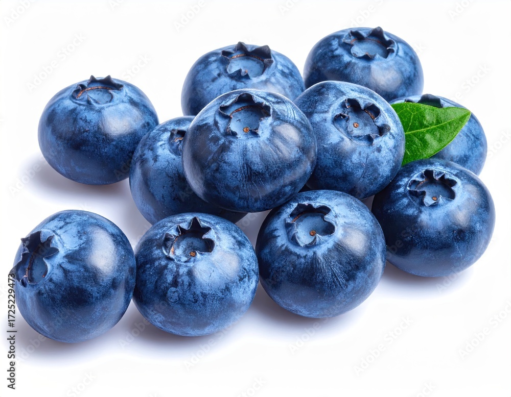 Obraz premium Blueberries with Green Leaf on White Background