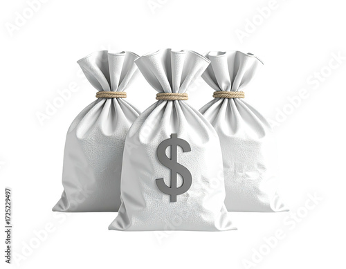 Three white money bags, tied with beige string, each displaying a gray dollar sign