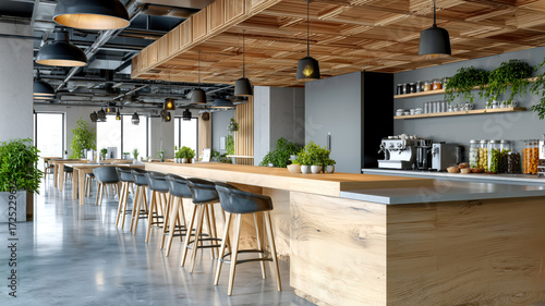 A modern office break room with long counter, stools, and natural light offers a relaxing and collaborative space.