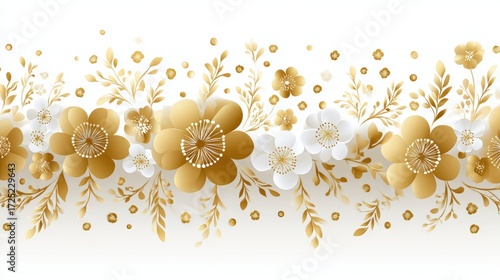 Elegant floral design featuring golden and white flowers with delicate leaves on a soft background