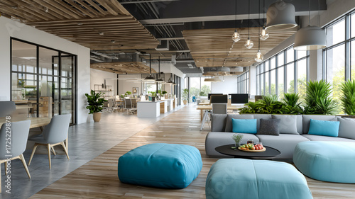 Modern office space with lounge, greenery, and collaborative areas designed for productivity and relaxation. Contemporary design.