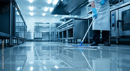 Person wearing an apron and blue gloves mops the floor in a commercial kitchen with stainless steel appliances