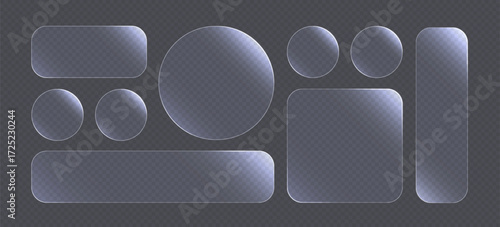 Liquid glass button interface, light frame banner set, glass panel set for mobile and web app, tech board frame in futuristic style. Light png banner collection with glow effect, vector illustration.