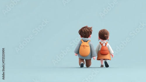 The image shows a 3D digital illustration of two stylized children (a boy and a girl) from the back, holding hands, wearing jackets and matching pink backpacks. The style is cute, cartoony, and featur