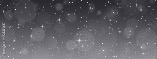 Realistic snow fallen on dark transparent background. Abstract dust particles, white confetti winter png bg. Christmas wallpaper poster elements, flyer, new year card, realistic vector snow powder.