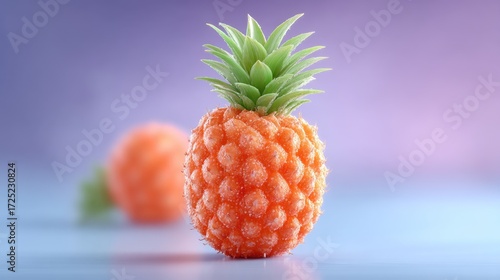 Close Up of a Miniature Orange Pineapple on a White Surface with a Purple and Pink Background and a Second Blurred Pineapple