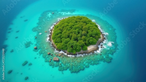 Tropical island resting in turquoise waters, surrounded by white sandy beaches and lush green palm trees under a bright blue sky with fluffy clouds, concept of travel agency, eco tourism, beach resort