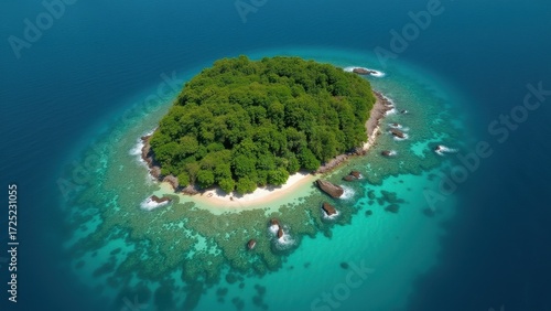 Tropical island resting in turquoise waters, surrounded by white sandy beaches and lush green palm trees under a bright blue sky with fluffy clouds, concept of travel agency, eco tourism, beach resort