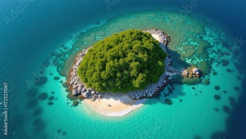 Tropical island resting in turquoise waters, surrounded by white sandy beaches and lush green palm trees under a bright blue sky with fluffy clouds, concept of travel agency, eco tourism, beach resort