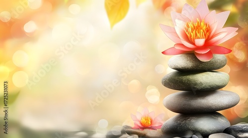 A serene arrangement of stacked stones, topped with a delicate pink lotus flower, against a backdrop of soft, warm autumnal colors.