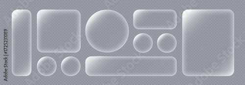 Liquid glass button interface, light frame banner set, glass panel set for mobile and web app, tech board frame in futuristic style. Light png banner collection with glow effect, vector illustration.