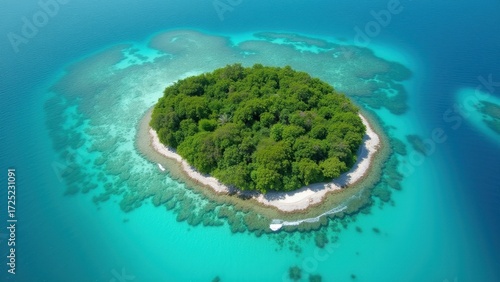 Tropical island resting in turquoise waters, surrounded by white sandy beaches and lush green palm trees under a bright blue sky with fluffy clouds, concept of travel agency, eco tourism, beach resort