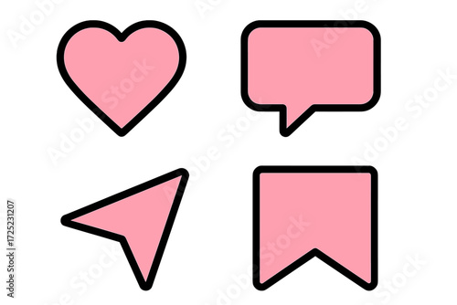 Various pink icons representing love, communication, navigation, and bookmarking in a simple graphic style