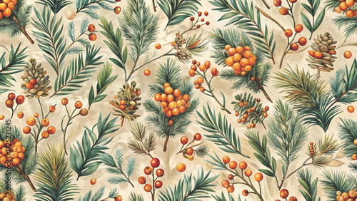 Seamless Christmas pattern, watercolor vintage style, red winter berries and pine branches with soft beige