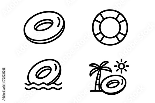 Various designs of lifebuoys and inflatable rings by the beach in a bright sunlit setting