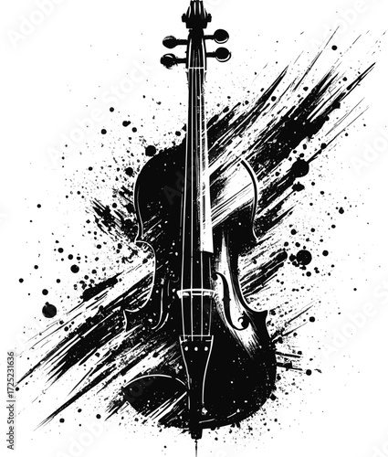 A striking black-and-white illustration of a violin with energetic ink splashes. This artful piece conveys music, creativity, and motion, ideal for music-related projects and bold decor.
