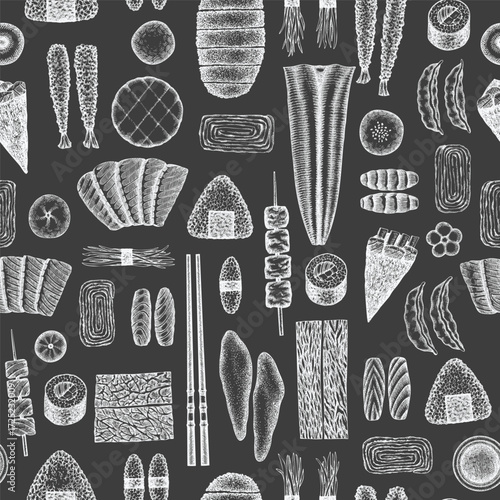 Japanese Cuisine Vector Seamless Pattern. Asian Dishes  Chalk Board Hand Drawn Background. Retro Japan Traditional Food Illustration.