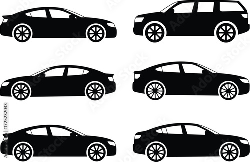 Car silhouette set, black vector illustration, sedan and SUV profiles, automotive design comparison, vehicle shapes, transport icons, side view layout