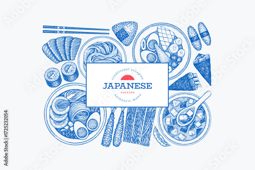 Japanese Cuisine Vector Design Template. Asian Dishes Hand Drawn Background. Retro Japan Traditional Food Illustration.