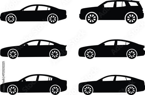 Car silhouette set, black vector illustration, sedan and SUV profiles, automotive design comparison, vehicle shapes, transport icons, side view
