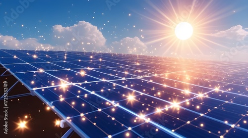 Modern eco-friendly technology design showing glowing holographic solar panels generating sustainable energy