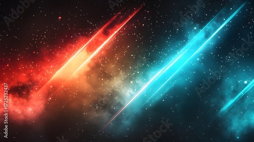 A vibrant space backdrop displays diagonal streaks of vibrant red and turquoise light, contrasting against a dark starry night sky.