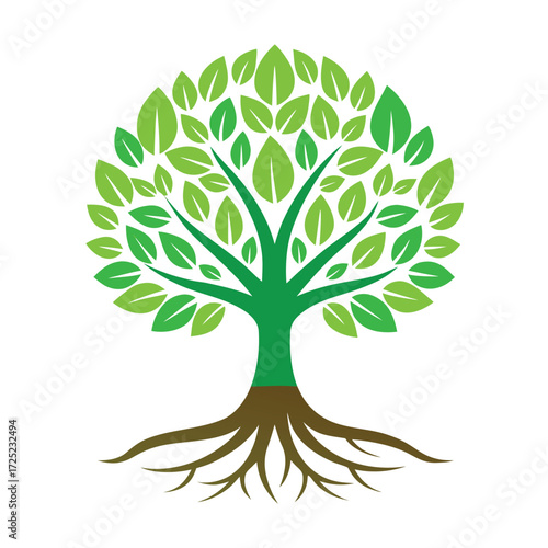 Robust icon of a tree with strong roots and lush leaves, symbolizing growth, nature, stability, environment, life, business, and foundation easily.