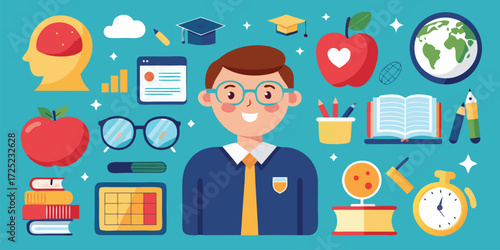 Cheerful teacher surrounded by educational icons in a bright and colorful flat vector illustration