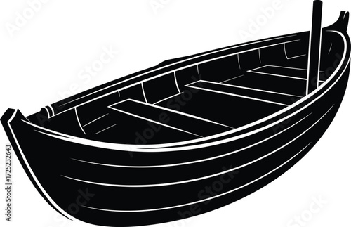 Wooden rowboat black and white illustration, vintage boat drawing, nautical transport vector, maritime design element, traditional watercraft silhouette