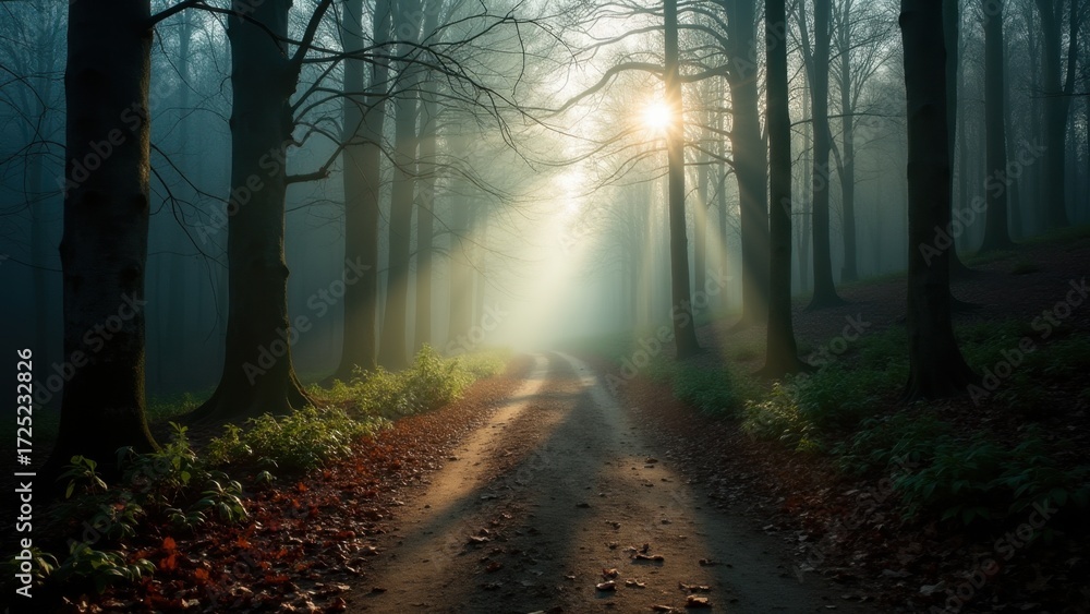 Obraz premium A winding dirt trail cutting through a dense, misty forest, designed for trail running. The early morning fog adds a mysterious and tranquil ambiance