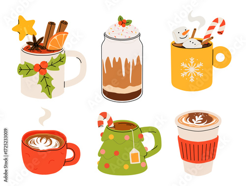 Christmas and Happy New Year set of drinks. Mugs and cups of hot coffee, punch, cacao with whipped cream, marshmallow and candy cane. Greeting card for Xmas, New year or winter holidays design.