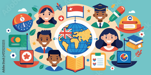 Diverse group of students learning together with globe and educational icons in a colorful and vibrant illustration