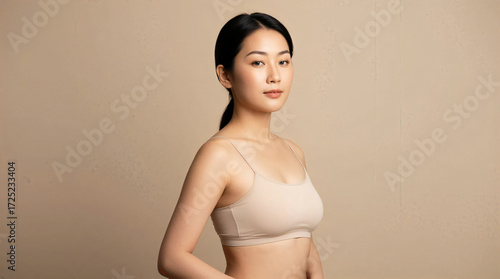Confident Young Asian Woman in Minimal Nude Sportswear Against Neutral Background