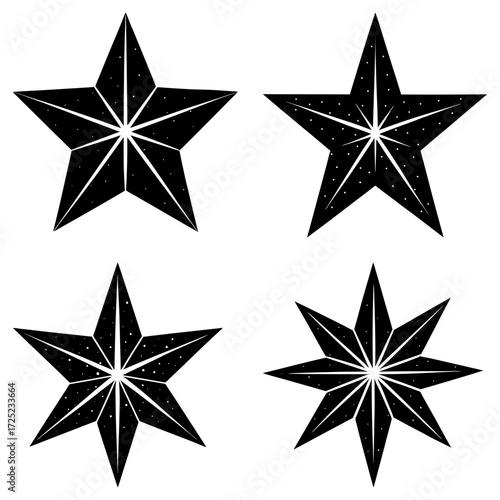 Collection of four black and white star shapes with varying points and internal line details shown