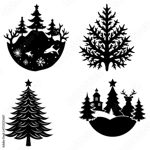 Four christmas themed designs featuring trees, snowflakes, fish, deer, and a church in black silhouette