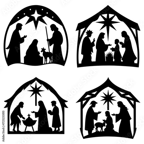 Four black silhouette christmas nativity scenes with stars and religious figures depicted in each scene