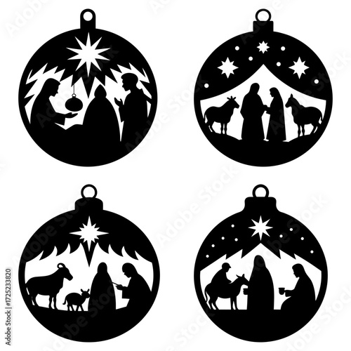 Four christmas ornaments depicting the nativity scene in black silhouette against a white background design theme