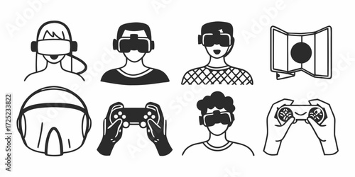 Illustration showing people wearing virtual reality headsets and holding game controllers and map