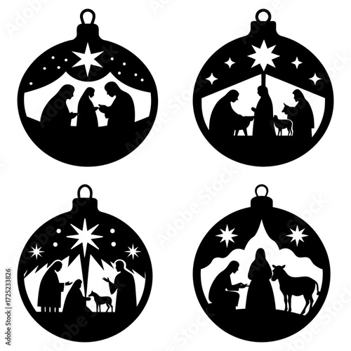 Four christmas ornaments depicting the nativity scene with stars and silhouettes in black and white style