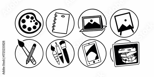 Illustration of art supplies including a palette notebook laptop easel brushes and tablet