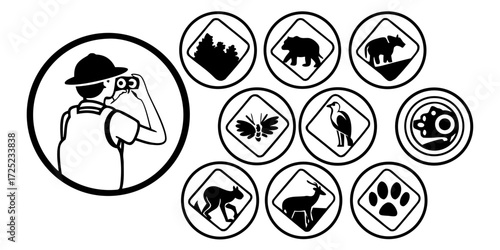 Illustration of a person with binoculars and various animal and nature icons in circles