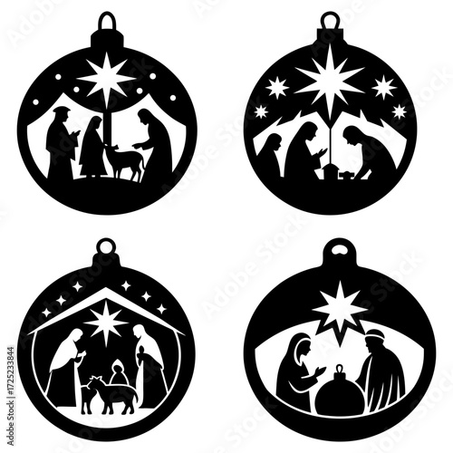 Four christmas ornaments depicting the nativity scene in a silhouette style on a white background design
