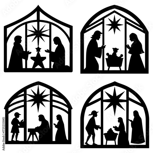 Four silhouette depictions of the nativity scene with stars and figures in a minimalist style image art