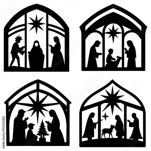 Four black silhouette nativity scenes each depicting the birth of jesus christ in unique arrangements