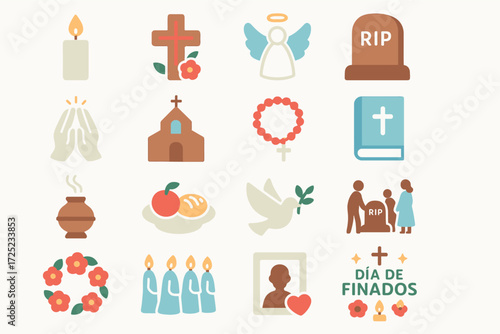 Día de Finados Religious Icons and Remembrance Symbols Set