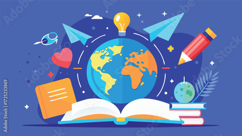 Open book with globe paper airplanes and lightbulb representing education knowledge and global learning opportunities